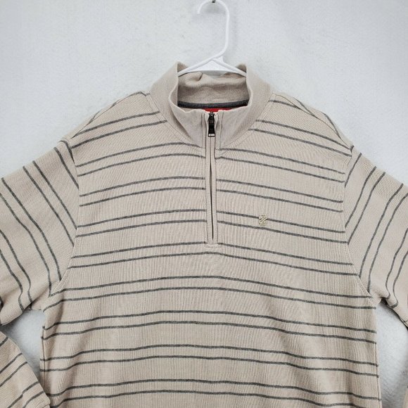 IZOD Sweater Men's Long Sleeve Striped 1/4 Zip Pullover High Neck Tan Large - Picture 6 of 12